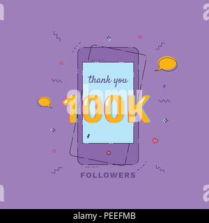 Thank you 100K followers vivid card with phone frame. Template for Social Network. Vector illustration. Stock Vector