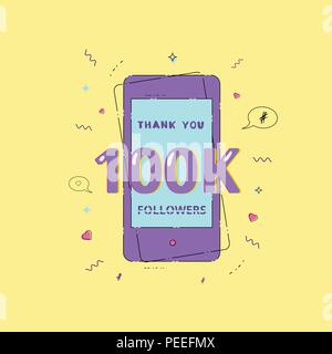 100K Followers thank you phrase with phone frame and random items. Template for social media.  Ultra violet palette colors. 100000 subscribers message Stock Vector