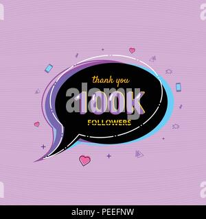 100K Followers thank you card with spech bubble and random items. Template for social media post. Glitch chromatic aberration style. Ultra violet pale Stock Vector