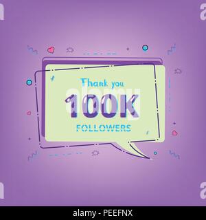 100K Followers thank you phrase with random items. Template for social media post. Glitch chromatic aberration style. Ultra violet palette colors. 100 Stock Vector