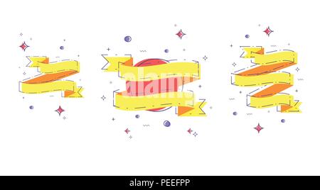 Vector flat set of ribbons with dashed lines and geometric abstract shapes. Elements for graphic design - banner, ad, poster, flyer, tag, coupon, card Stock Vector