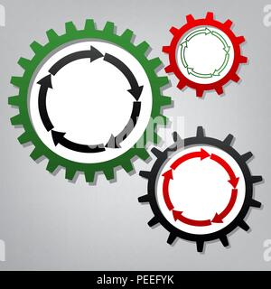 Circular arrows sign. Vector. Three connected gears with icons at grayish background. Stock Vector