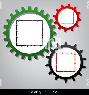 Arrow on a square shape. Vector. Three connected gears with icons at grayish background. Stock Vector