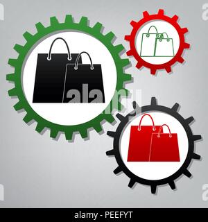 Shopping bags sign. Vector. Three connected gears with icons at grayish background. Stock Vector