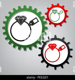 Diamond sign with tag. Vector. Three connected gears with icons at grayish background. Stock Vector