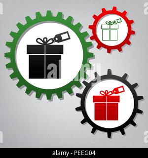Gift sign with tag. Vector. Three connected gears with icons at grayish background. Stock Vector