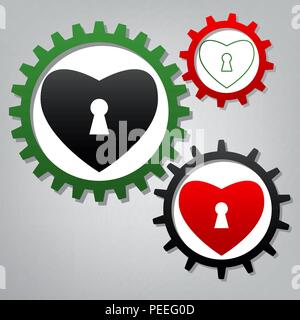 Heart with lock sign. Vector. Three connected gears with icons at grayish background. Stock Vector