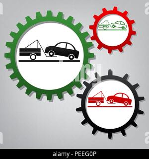 Tow truck sign. Vector. Three connected gears with icons at grayish background. Stock Vector