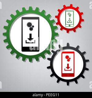 Phone settings. Download and install apps. Vector. Three connected gears with icons at grayish background. Stock Vector