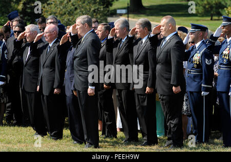 A group of former chief master sergeants of the Air Force attend the funeral for ninth Chief Master Sgt. of the Air Force James Binnicker in Arlington National Cemetery, Aug. 14, 2015. Binnicker passed away March 21, in Calhoun, Ga. (U.S. Air Force photo/Tech. Sgt. Dan DeCook) Stock Photo