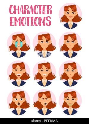 Set of isolated woman character facial expressions. Icons of girl screaming and crying, smiling and angry, sad and confused. Human cartoon portrait with humor emotions. Feelings and avatar theme Stock Vector