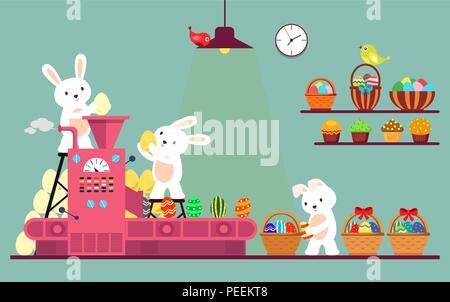 Conveyor line with rabbits painting easter eggs. Holiday bunny at automation line packaging eggs in baskets for easter celebration, hare at belt manufacturing gifts. Spring holiday theme Stock Vector