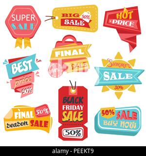 Sale labels with discount prices for black friday or closeout, final sale promotion. Tags or product labels, discount coupons, promotion stickers. Retail and trading, shop and market,advertising theme Stock Vector