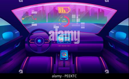 Automobile salon or driverless car interior view. Futuristic self-driving vehicle at road moving towards city. Auto piloted auto with chart and battery, smart car. Drive assistant, autopilot theme Stock Vector