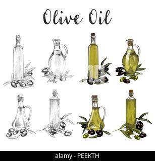 Set of isolated sketches of glass bottle with oil liquid near branches or twig with olive fruit berries. Healthy vegetarian or vegan greek or italian oil product. Organic, agriculture ingredient Stock Vector