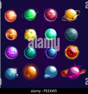 Set of isolated planets with orbits or cosmos stars, satellites as globe or sphere. Celestial cartoon orbs with craters and holes on surface. Galaxy and science, cosmos exploration and astronomy theme Stock Vector
