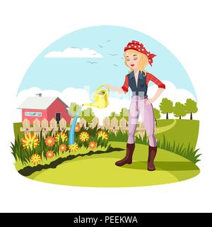 Girl Watering Flowers In Farm Garden Growing Tulips Plants Vector Illustration Cartoon Happy Cute Child Gardener Character Planting Care Nature Environment Gardening Hobby Isolated On White Stock Vector Image Art
