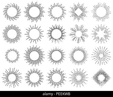 Geometric hand drawn lines in round or circle shape. Sunbeams shining with rays as dotted lines. Sunset or sunrise, radial sunburst, flash and circle, explosion and linear theme Stock Vector