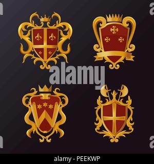 Set of isolated heraldic shields with ribbon and crown, halberd or swiss voulge, stars and crest. Victorian royal logo or old defence sign. Medieval and guarantee, guard and safety theme Stock Vector