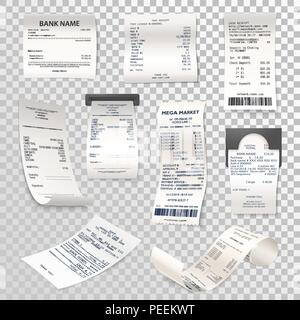 Set of isolated paper checks on transparent. Printed cash dispenser payment bill or supermarket, shop receipt or atm finance calculation, cheque. Accounting and transaction, purchase theme Stock Vector