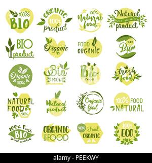 Set of farm food logo, natural product icon with leaves, organic and fresh vegetable or fruit sticker, no gmo guarantee. Nature and health, certified natural nutrition and environment, ecology theme Stock Vector