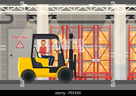 Forklift truck at shop or store warehouse. Loader with worker near box or package, container at shelves at storehouse. Logistic and product transportation, delivery and shipment, storage and loading. Stock Vector