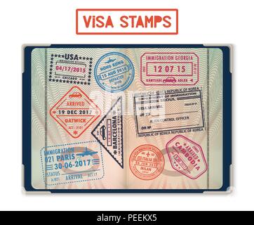 Passport with stamps for United States of America or USA, Korea Seoul, Cambodia and Paris, Hong Kong, China and France, London Gatwick, Georgia. Journey and travel, tourism and immigration theme Stock Vector