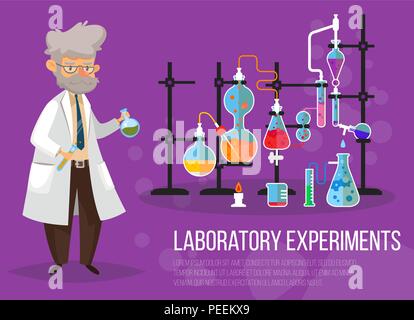 Chemist man near glassware flasks with liquid and tubes or pipes. Laboratory or lab with test-tube. Science and technology, medicine and pharmacy, chemistry and experiment theme Stock Vector