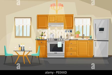 Kitchen interior view, room with kettle on stove or oven, exhaust hood or fan, table with candles and chair, fridge or refrigerator. Inside view of kitchen with utensil. Household and cooking theme Stock Vector