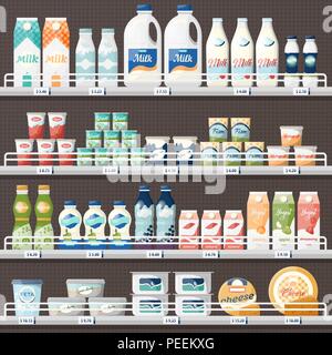 Shop or store counter or stall with dairy products. Milk and yogurt, cheese at supermarket showcase. Vegetarian grocery with price tags or labels, shelf or refrigerator with groceries. Food and drink Stock Vector