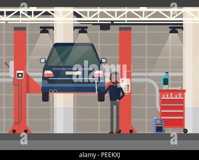 Repairman near automobile at hydraulic lift. Car diagnostic or maintenance, inspection or check, tuning or repair at garage. Technician or worker, man near vehicle hoist or elevator. Automotive theme Stock Vector