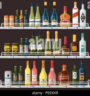 Bar stall or alcohol store showcase with drinks, booze shop stand with vodka and lager beer cans, champagne bottles and cognac. Sale and trade, retail and restaurant, pub and supermarket theme Stock Vector
