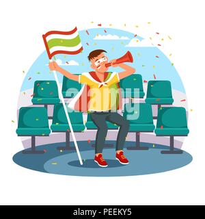 Football or soccer supporter with vuvuzela or lepapata. 2018 world championship football cup fan at seats with flag celebrating winning of team or goal. Excited cheerful spectator. Win and sport Stock Vector