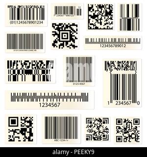 Set of isolated barcodes and QR codes for hyperlinks. Cellular phone or smartphone scanning technology for web or computer links. Identification square for product sale information, tag for coding Stock Vector
