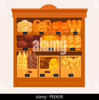 Bakery shop stand or pastry store stall. Showcase with donut or doughnut, baguette or baton, butterbrot and brick bread. Flour and agriculture, grain and grocery, supermarket, organic nutrition theme Stock Vector
