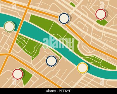 Map with gps pointers and route or itinerary with arrow. Road to direction with marked streets. Pin on navigation map with path. Travel and location information, transport and search theme Stock Vector
