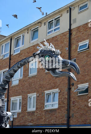 Dutch street theatre group Close Act Theatre performing their SAURUS show at the 2018 Ferry Festival in North Woolwich, Newham, London Stock Photo