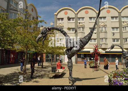 Dutch street theatre group Close Act Theatre performing their SAURUS show at the 2018 Ferry Festival in North Woolwich, Newham, London Stock Photo