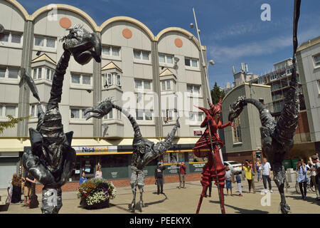 Dutch street theatre group Close Act Theatre performing their SAURUS show at the 2018 Ferry Festival in North Woolwich, Newham, London Stock Photo