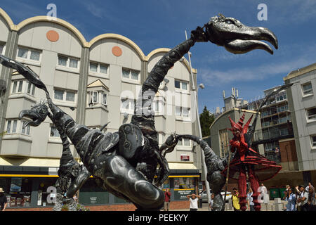 Dutch street theatre group Close Act Theatre performing their SAURUS show at the 2018 Ferry Festival in North Woolwich, Newham, London Stock Photo