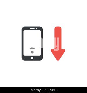 Flat design vector illustration concept of black smartphone with low wireless wifi signal symbol icon and red arrow moving down. Stock Vector