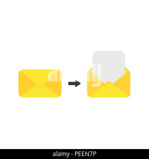 Flat design vector illustration concept of yellow closed and open envelope symbol icon with blank paper. Stock Vector