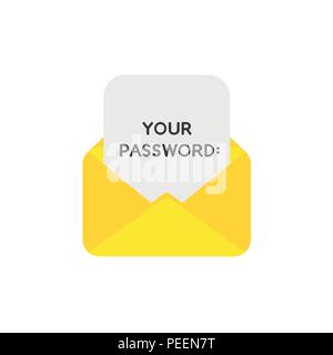 Flat design vector illustration concept of yellow open envelope symbol icon with your password written on paper Stock Vector
