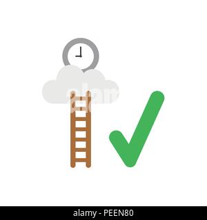 Flat design vector illustration concept of clock time symbol icon on cloud with wooden ladder and green check mark. Stock Vector
