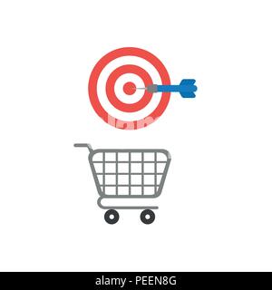 Flat design vector illustration concept of hit the bulls eye target with dart over grey shopping cart symbol icon. Stock Vector