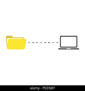 Flat design vector illustration concept of file transfer between yellow open folder symbol icon and black laptop computer. Stock Vector
