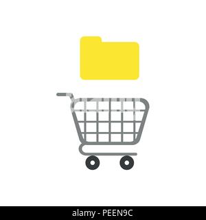 Flat design vector illustration concept of yellow closed folder over grey shopping cart symbol icon. Stock Vector