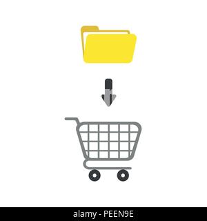Flat design vector illustration concept of yellow open folder into grey shopping cart symbol icon. Stock Vector