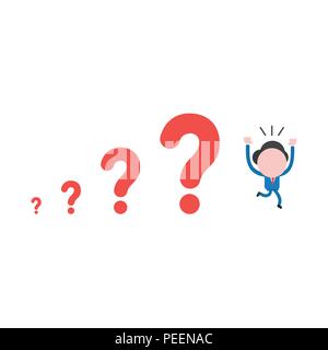 Vector illustration of businessman character running away from red question mark icons, problems growing. Stock Vector