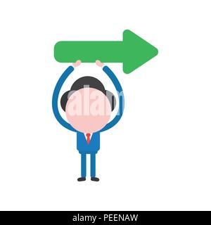 Vector illustration of businessman character holding up green arrow icon pointing right. Stock Vector